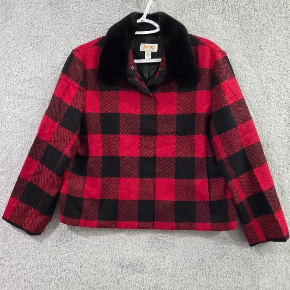 Talbots Jacket Women's 12P Red Black Buffalo Plaid Wool Faux Fur Collar Italy